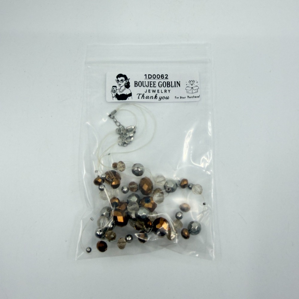 Multi Strand Beads Necklace Bronze & Silver Tone with Clear Crystals - Picture 13 of 13